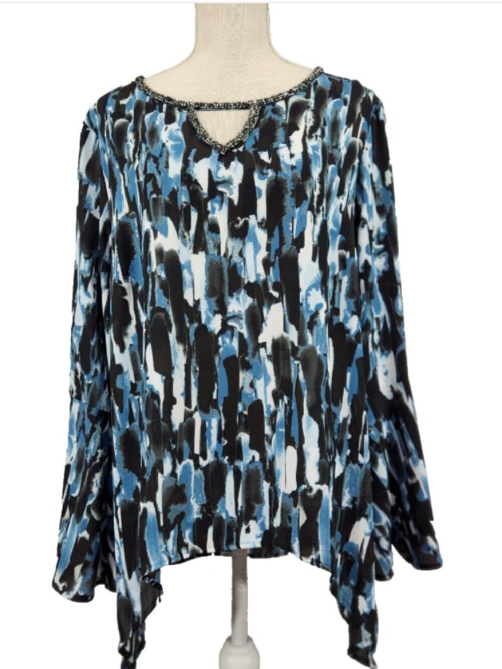 Juicy Couture Womens Dressy Blouse Jeweled Collar Black Blue Bell Sleeves XL